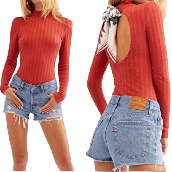 Free People Party in the Back Long Sleeve Ribbed Knit Top Canyon Red Cutout Back - Picture 1 of 16